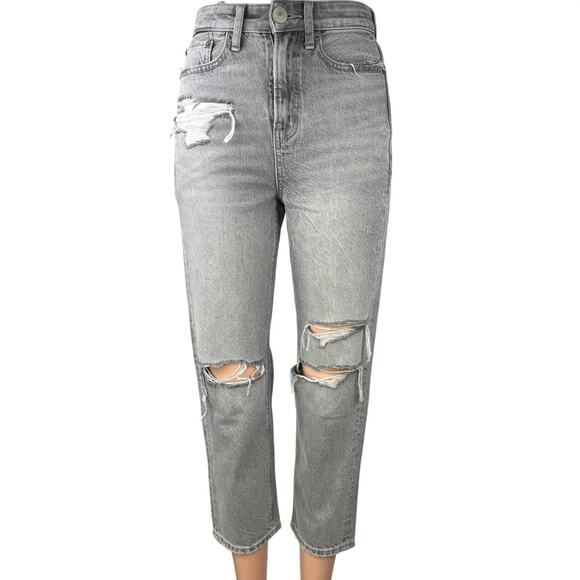 American Eagle Gray Distressed Real Good High Waist Cropped Mom Denim Jeans 0 - Picture 1 of 5